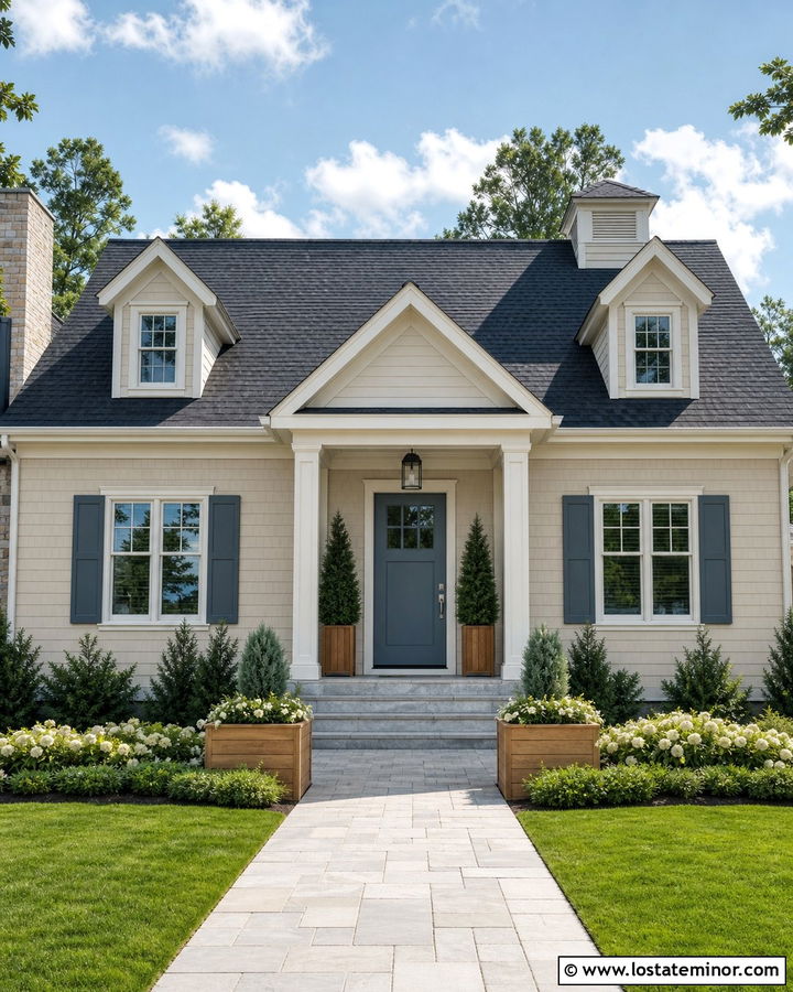 Greige House With Blue Gray Front Door - 30 Greige House Design With Front Door Ideas