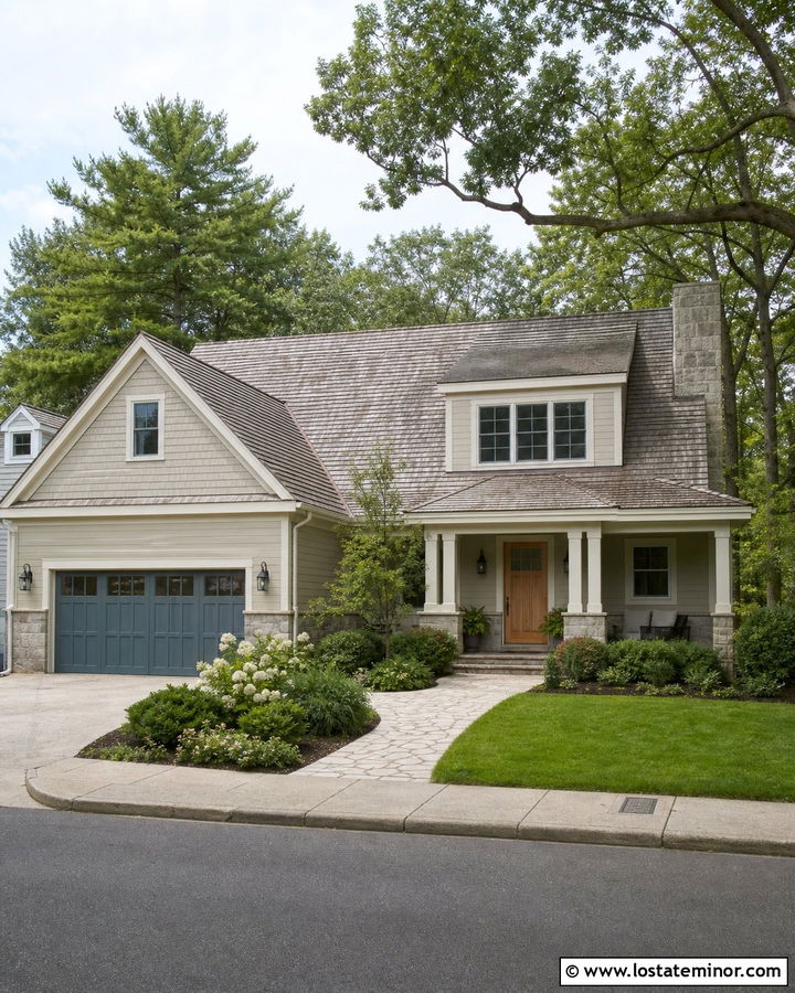 Greige House With Blue Gray Garage Door - 30 Greige House Design With Garage Door Ideas