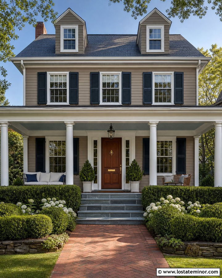 Greige House With Blue Gray Porch Ceiling - 30 Greige House Design With Porch Ceiling Ideas