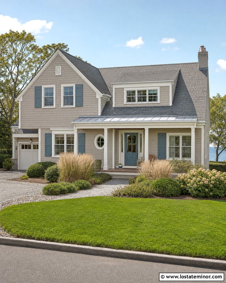Greige House With Blue Gray Shutters - 30 Greige House Design With Shutters Ideas