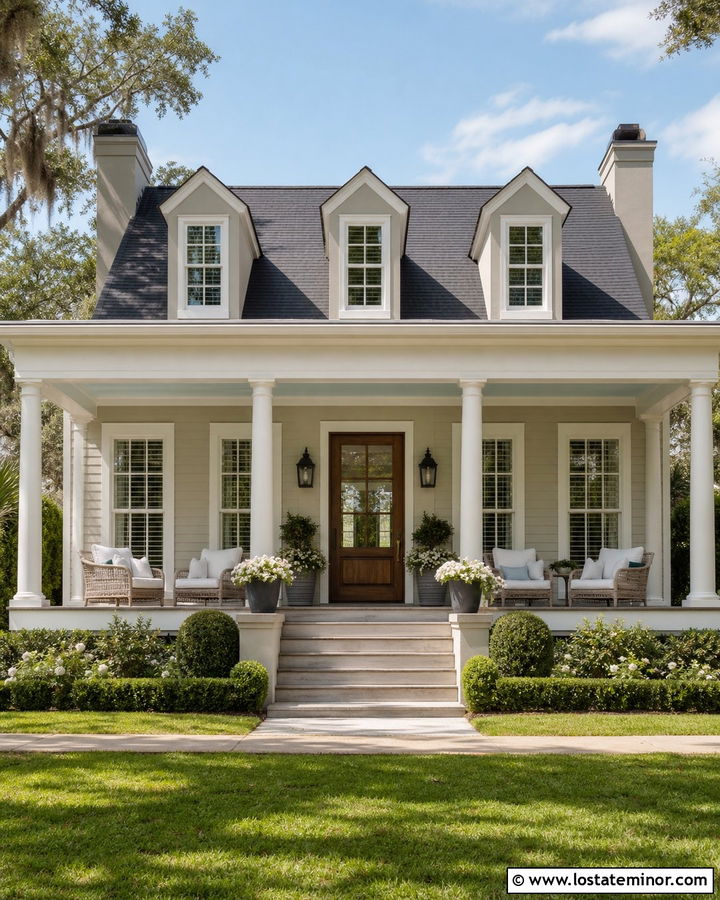 Greige House With Blue Porch Ceiling - 30 Greige House Design With Front Porch Ideas