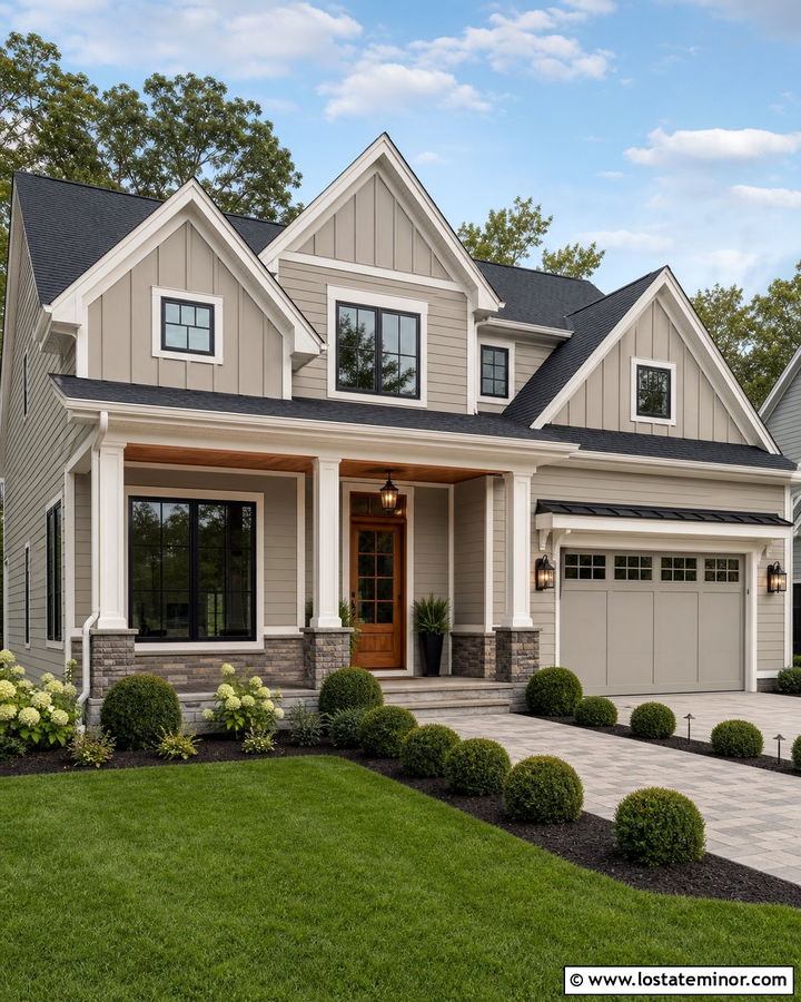 Greige House With Board And Batten Gables - 30 Greige House Design With Gables Ideas