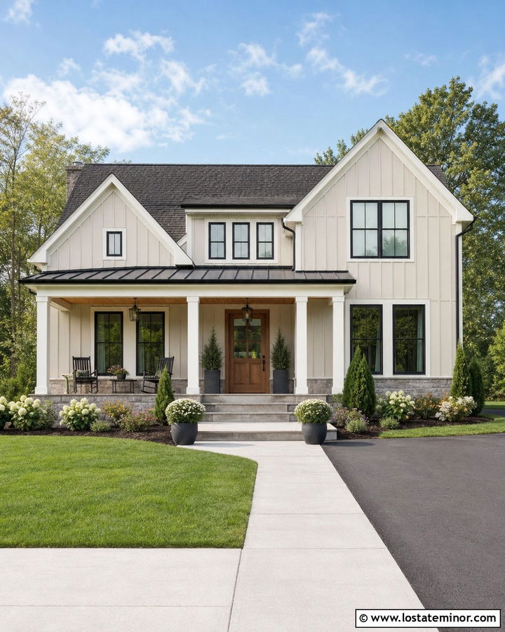 Greige House With Board And Batten Porch - 30 Greige House Design With Porch Columns Ideas