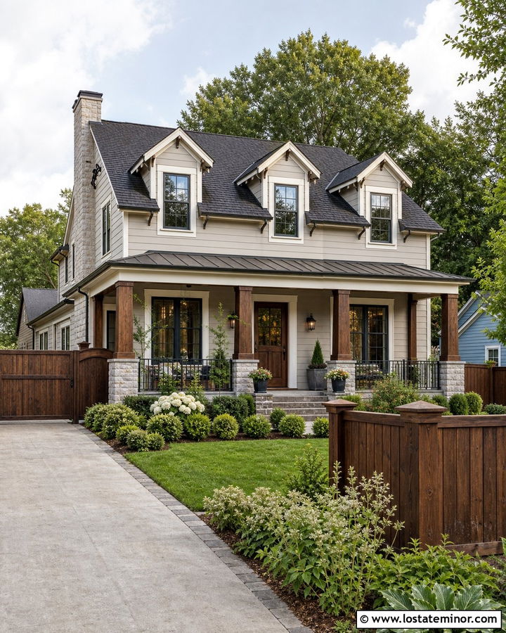 Greige House With Board On Board Fence - 30 Greige House Design With Fence Ideas