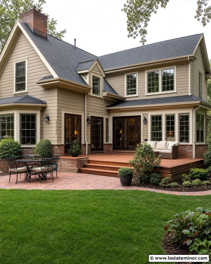 Greige House With Brick Accents - 30 Greige House Design With Backyard Ideas