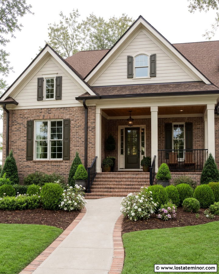 Greige House With Brick And Brown Shingles - 30 Greige House Design With Shingles Ideas