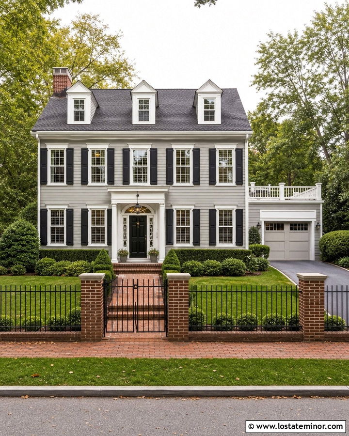 Greige House With Brick And Metal Fence - 30 Greige House Design With Fence Ideas