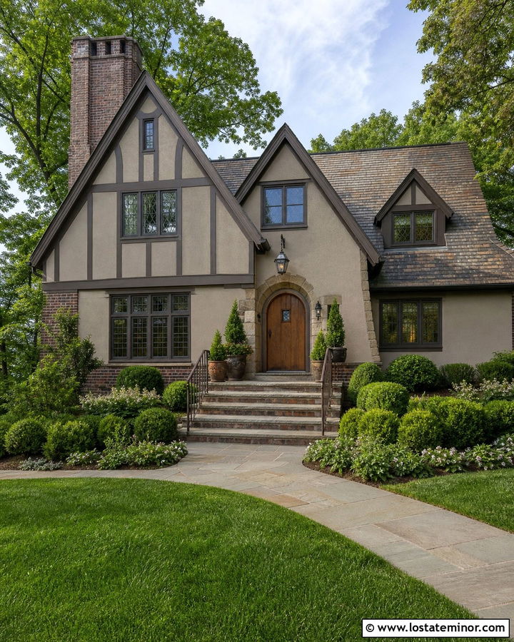 Greige House With Brick And Stone Steps - 30 Greige House Design With Steps Ideas