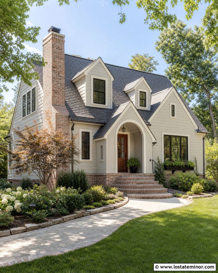Greige House With Brick Chimney - 30 Greige House Design With Brick Accents Ideas