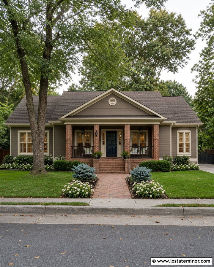 Greige House With Brick Columns And Blue Door - 30 Greige House Design With Porch Columns Ideas