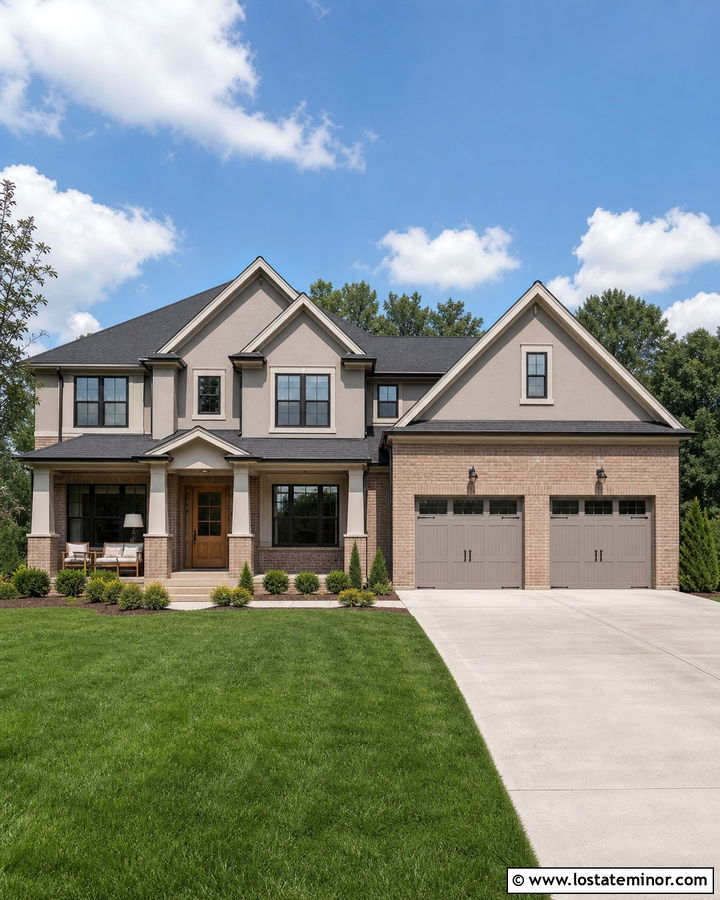 Greige House With Brick Garage Accents - 30 Greige House Design With Brick Accents Ideas