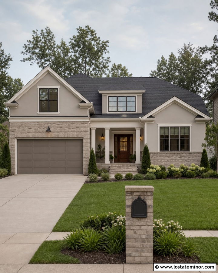 Greige House With Brick Garage Wainscoting - 30 Greige House Design With Wainscoting Ideas