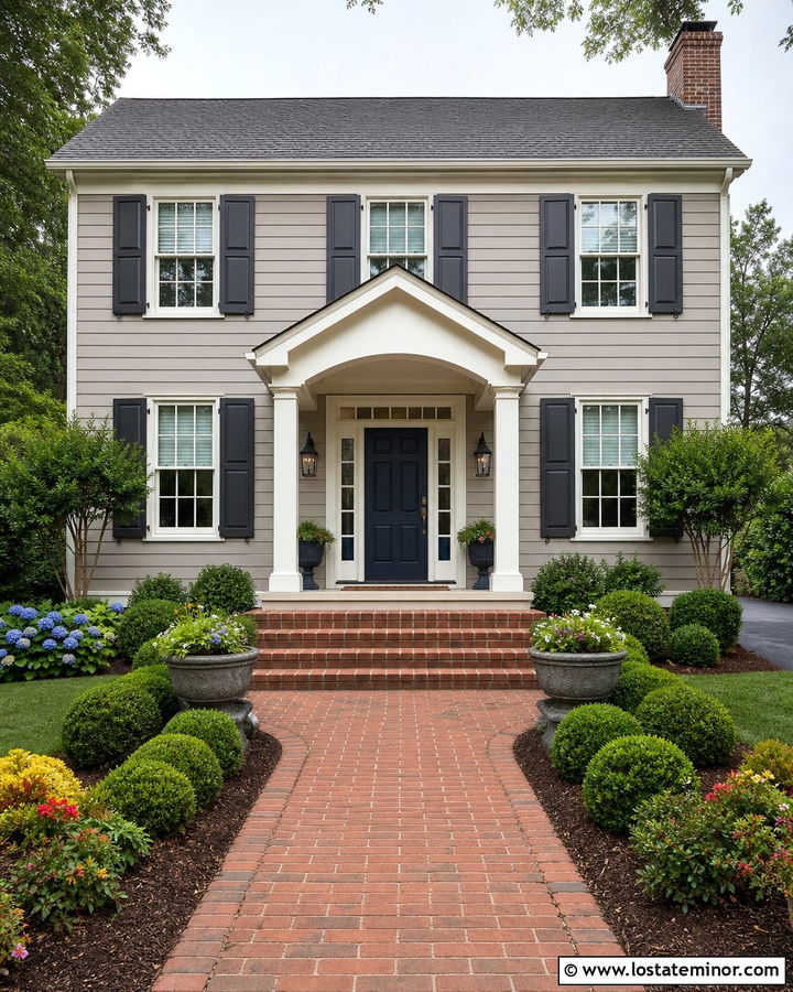 Greige House With Brick Portico Steps - 30 Greige House Design With Portico Ideas
