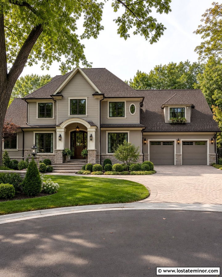 Greige House With Bronze Gutters And Brown Shingles - 30 Greige House Design With Shingles Ideas