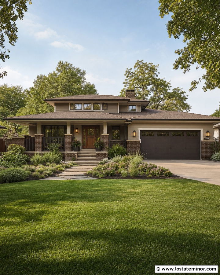 Greige House With Bronze Trim And Brown Brick - 30 Greige House Design With Brick Accents Ideas