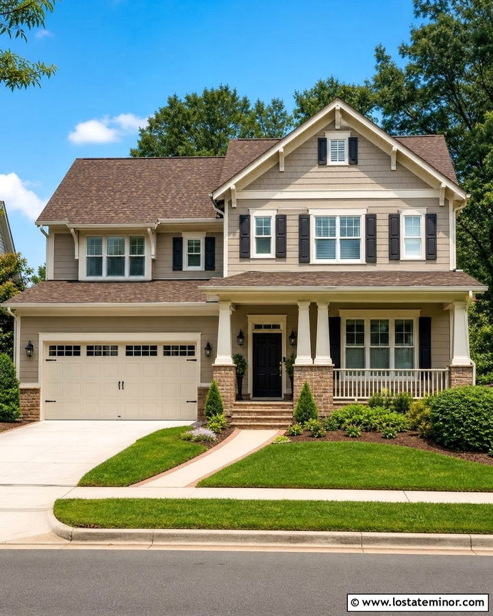 Greige House With Brown Roof And Black Door - 30 Greige House Design With Accents Ideas