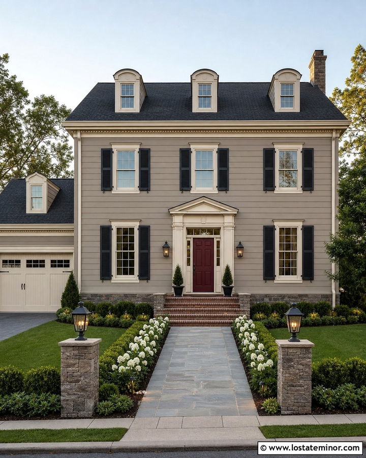 Greige House With Burgundy Door And Gray Stone - 30 Greige House Design With Accents Ideas