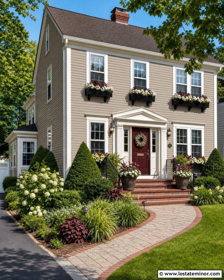 Greige House With Burgundy Door And Window Boxes - 30 Greige House Design With Window Boxes Ideas