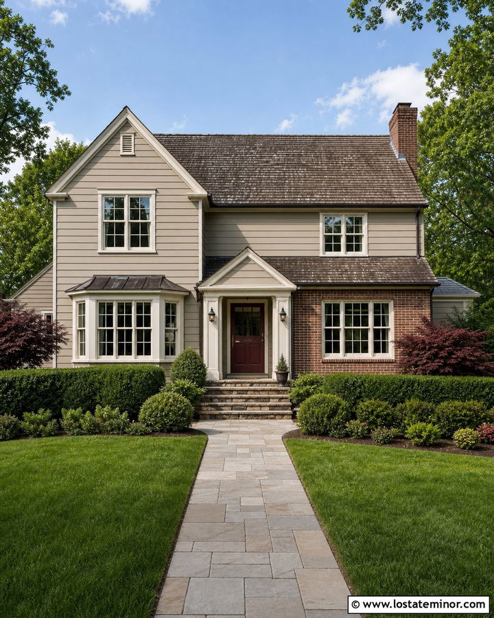 Greige House With Burgundy Dutch Door - 30 Greige House Design With Dutch Door Ideas