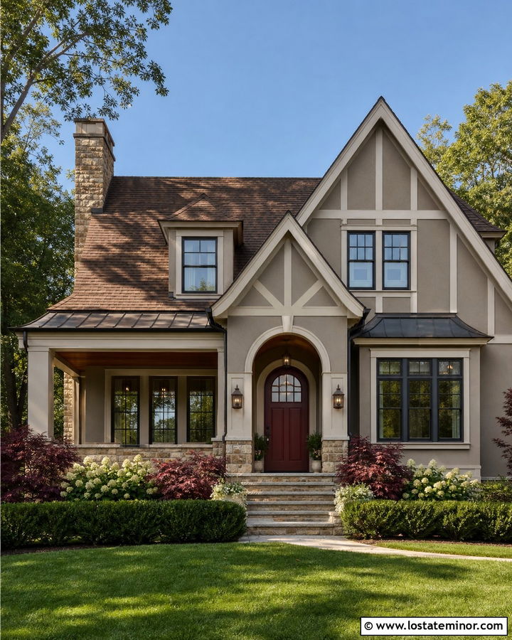 Greige House With Burgundy Front Door - 30 Greige House Design With Front Door Ideas