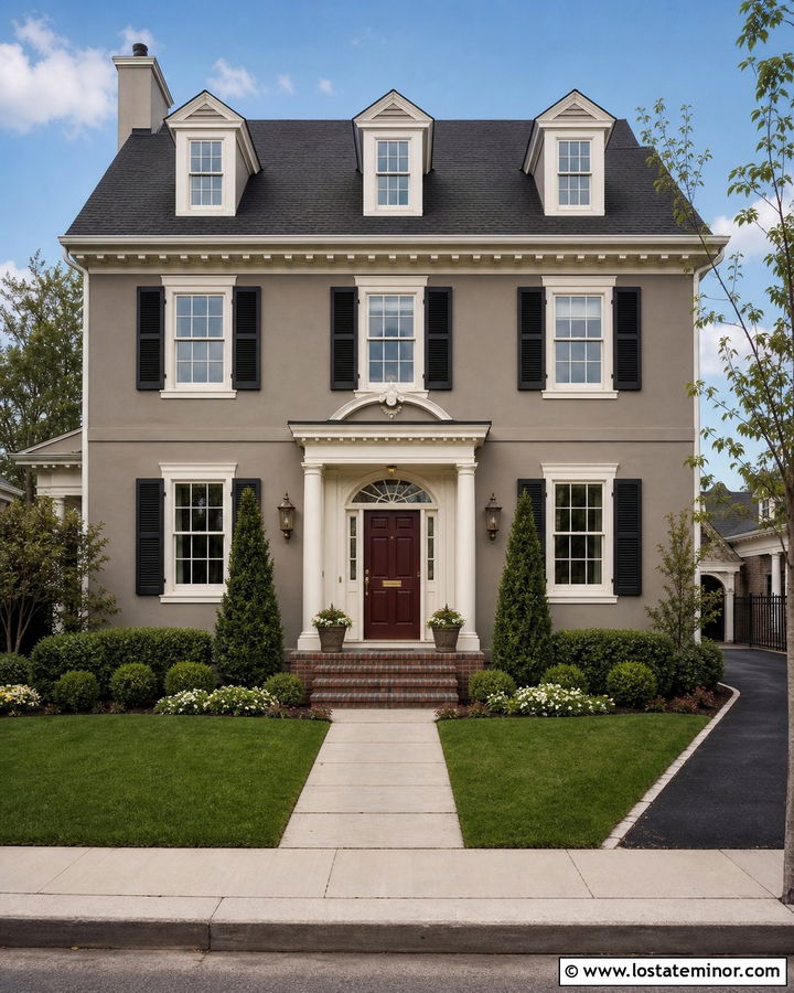 Greige House With Burgundy Front Door - 30 Greige House Design With Entry Door Ideas