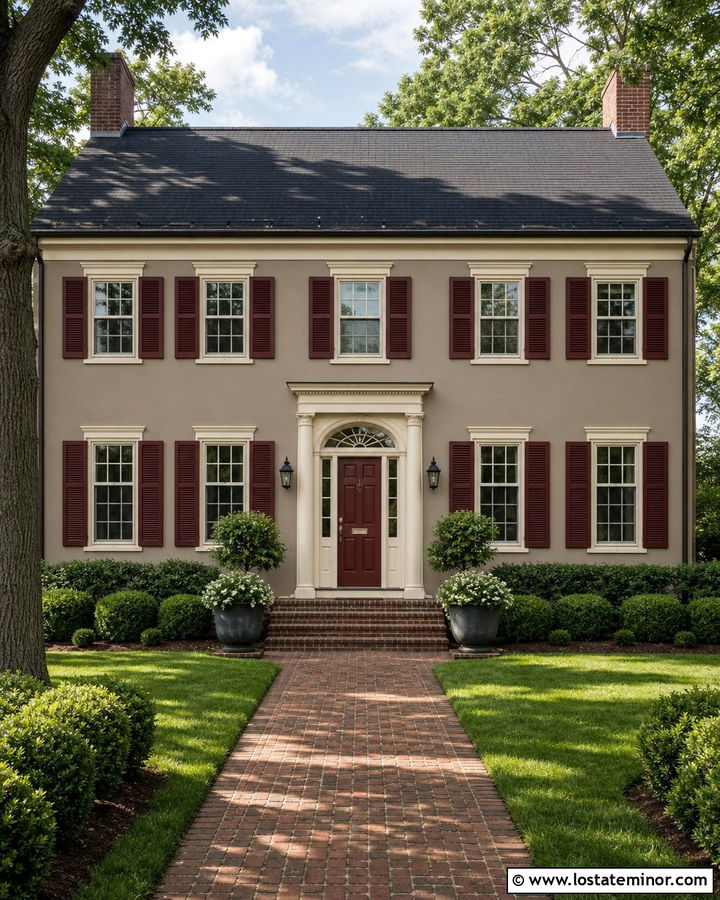 Greige House With Burgundy Shutters - 30 Greige House Design With Shutters Ideas