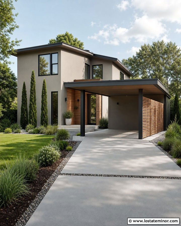 Greige House With Carport And Privacy Screen - 30 Greige House Design With Carport Ideas