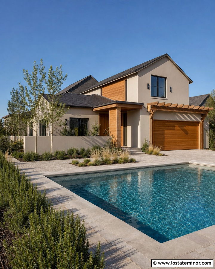 Greige House With Cedar Accents And Pool - 30 Greige House Design With Swimming Pool Ideas