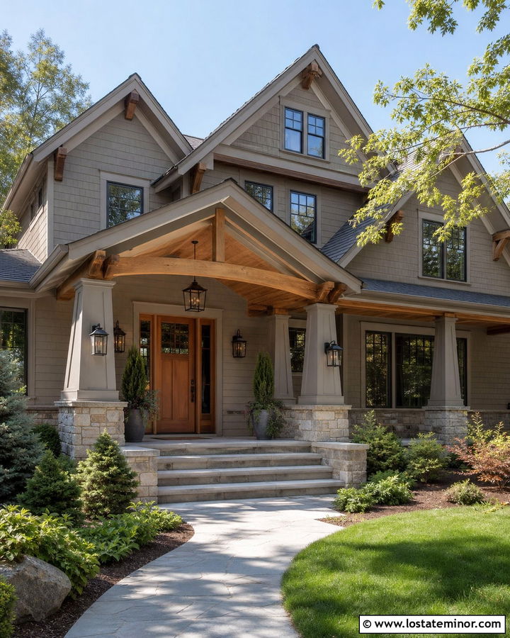 Greige House With Cedar Ceiling And Stone Porch - 30 Greige House Design With Porch Ceiling Ideas