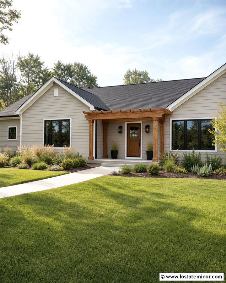 Greige House With Cedar Front Pergola - 30 Greige House Design With Pergola Ideas