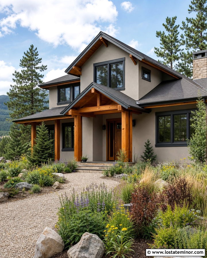 Greige House With Cedar Porch And Meadow Yard - 30 Greige House Design With Front Yard Ideas