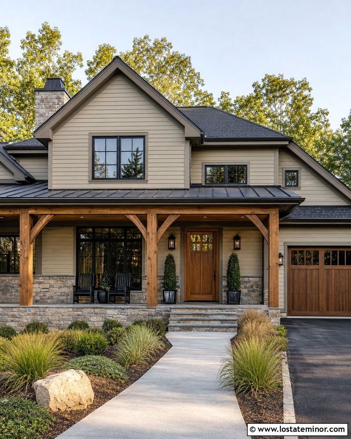 Greige House With Cedar Porch Ceiling - 30 Greige House Design With Porch Ceiling Ideas