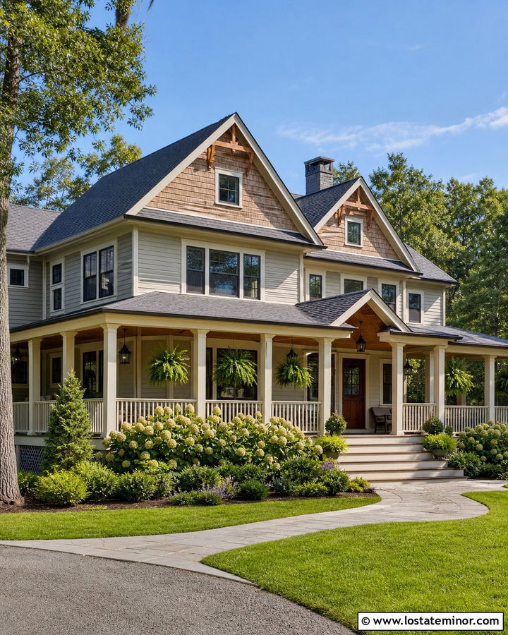 Greige House With Cedar Shake And Wraparound Porch - 30 Greige House Design With Cedar Shake Ideas