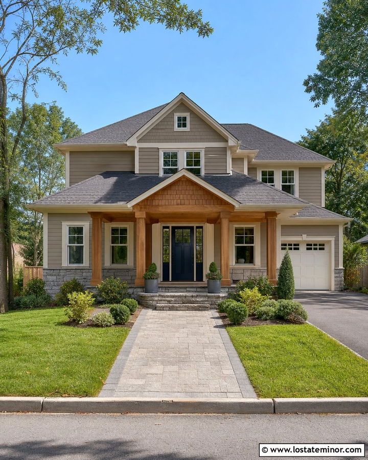 Greige House With Cedar Shake Porch - 30 Greige House Design With Cedar Shake Ideas