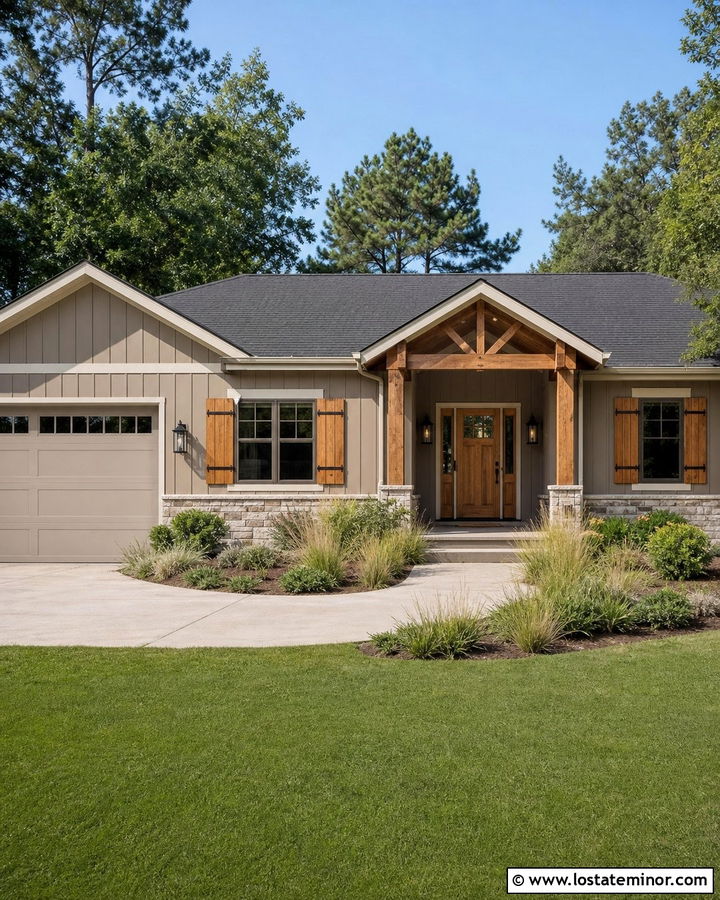 Greige House With Cedar Shutters - 30 Greige House Design With Shutters Ideas