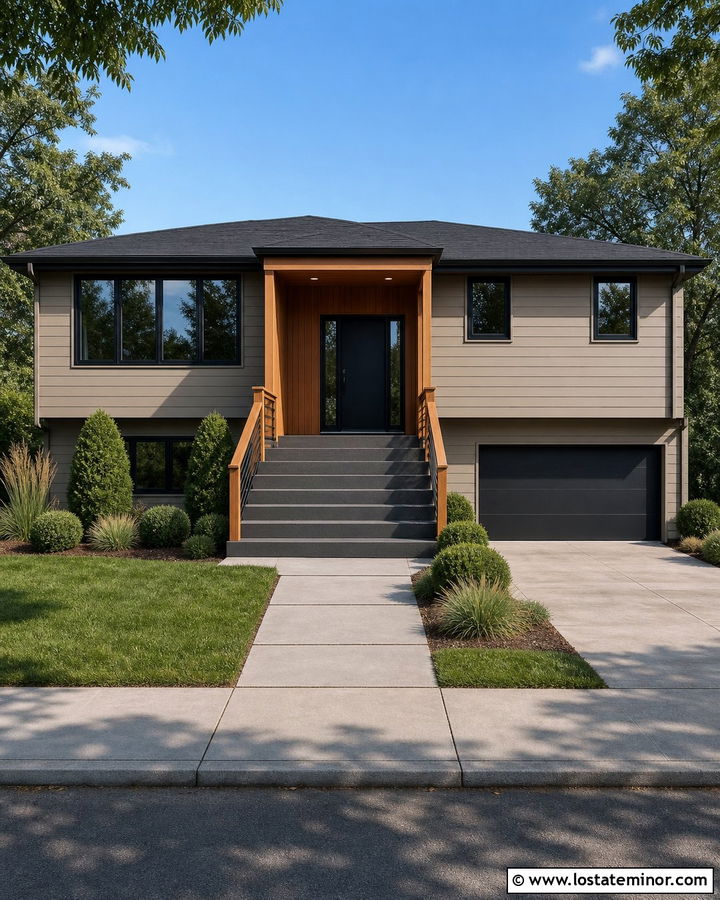 Greige House With Cedar Stair Railings - 30 Greige House Design With Steps Ideas