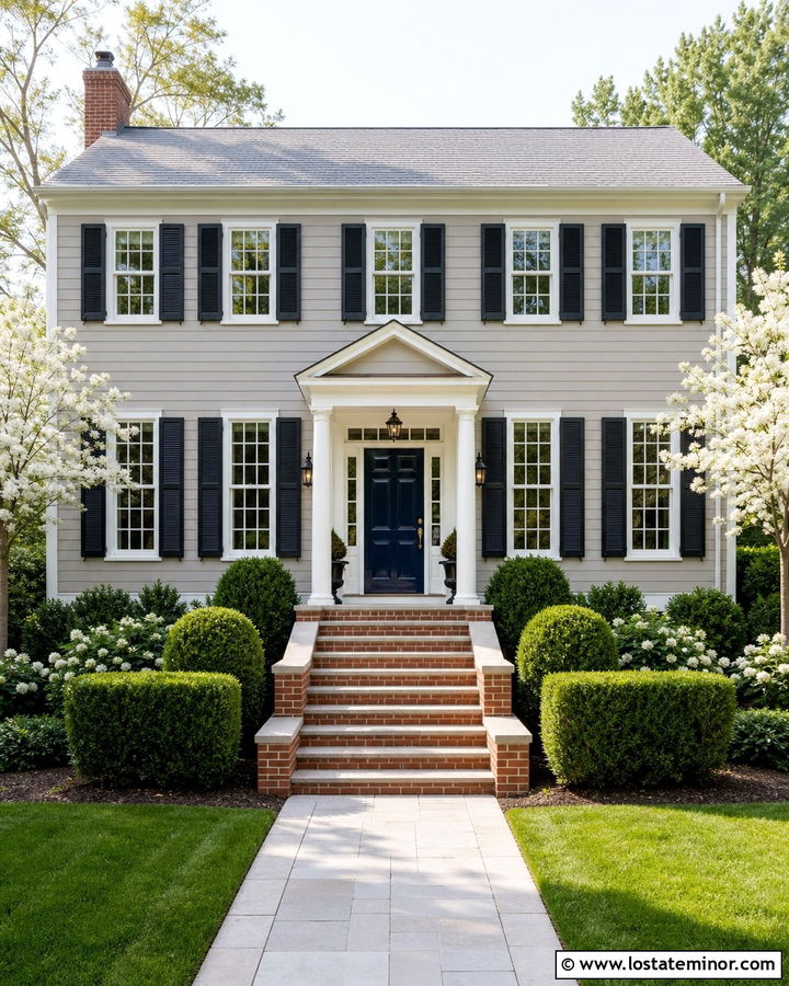 Greige House With Centered Colonial Steps - 30 Greige House Design With Steps Ideas
