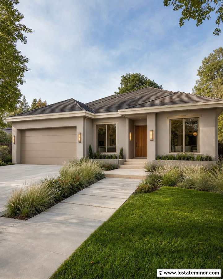 Greige House With Champagne Window Frames - 30 Greige House Design With Window Frames Ideas