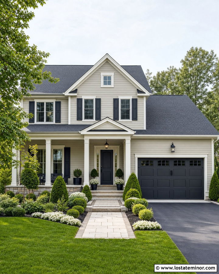 Greige House With Charcoal Front Door - 30 Greige House Design With Entry Door Ideas