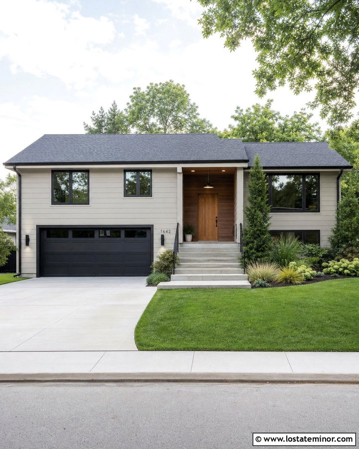 Greige House With Charcoal Garage And Wood Entry - 30 Greige House Design With Accents Ideas