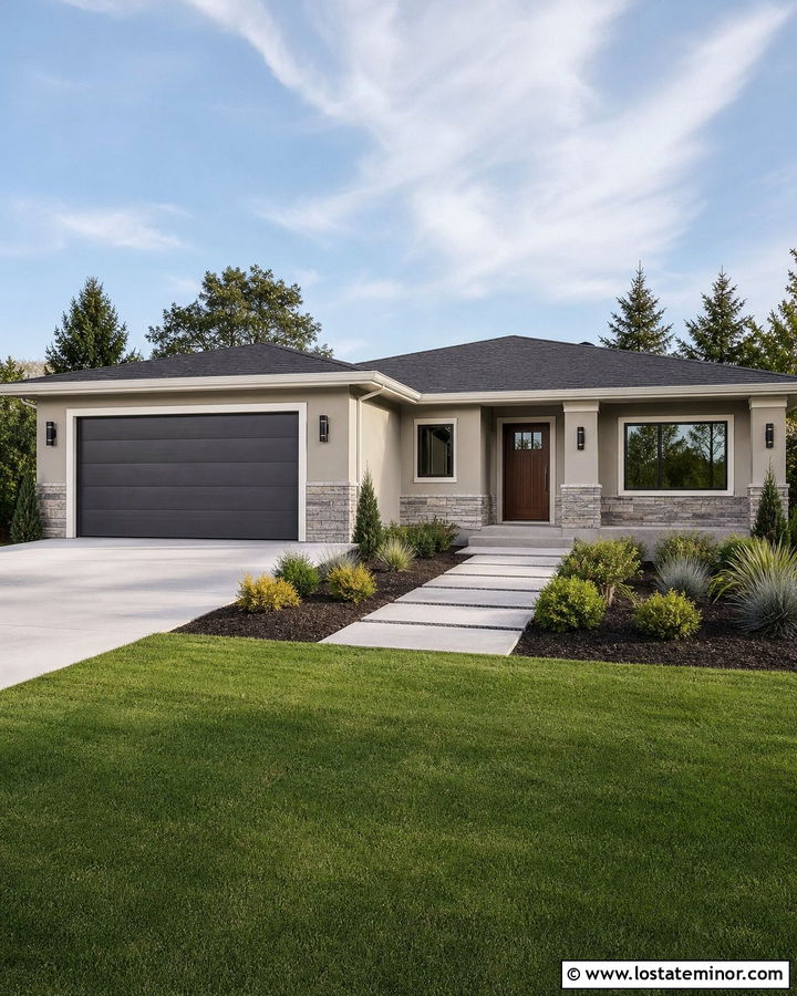 Greige House With Charcoal Garage Door - 30 Greige House Design With Garage Door Ideas