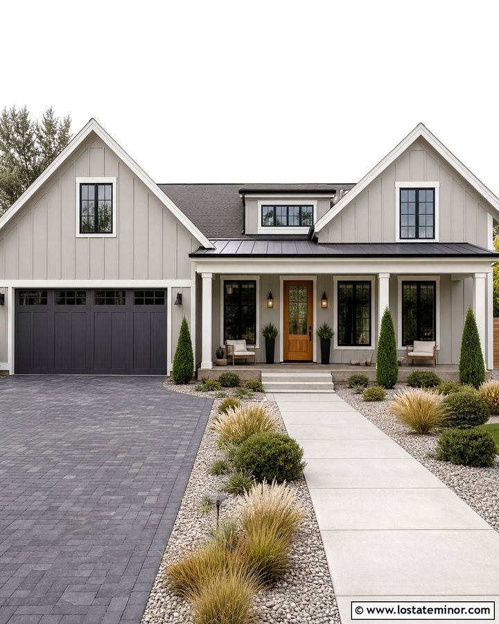 Greige House With Charcoal Paver Driveway - 30 Greige House Design With Driveway Ideas