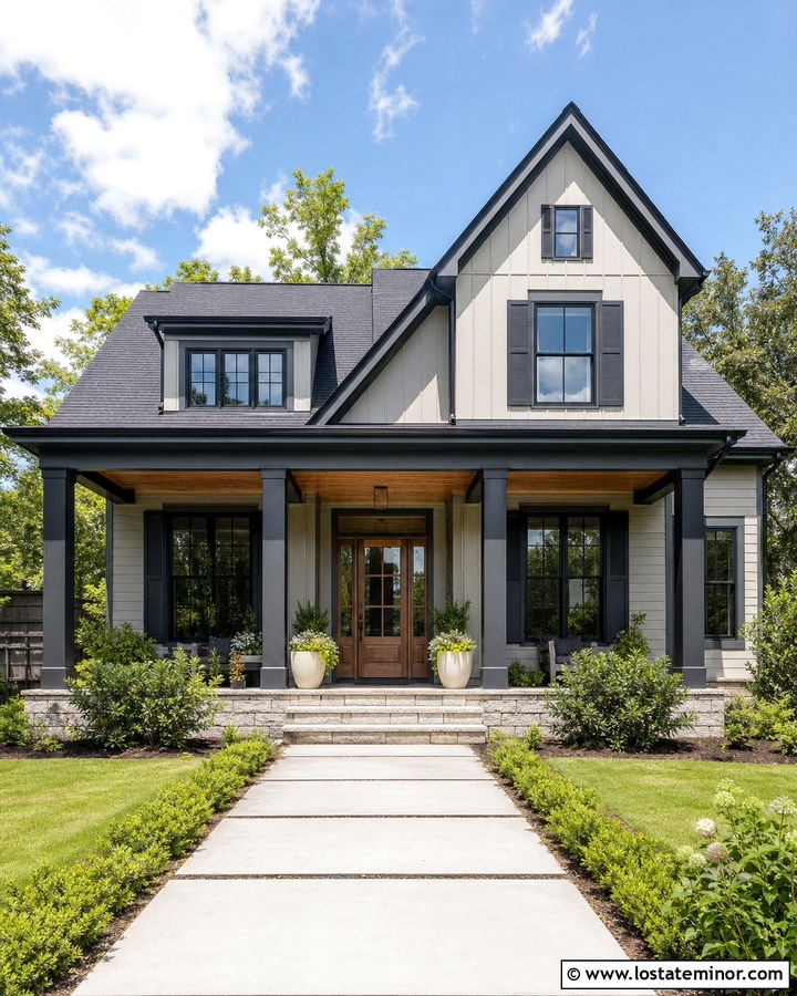 Greige House With Charcoal Porch Columns - 30 Greige House Design With Porch Columns Ideas