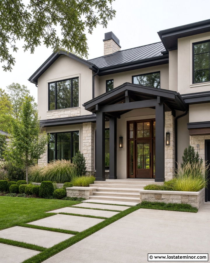 Greige House With Charcoal Portico - 30 Greige House Design With Portico Ideas