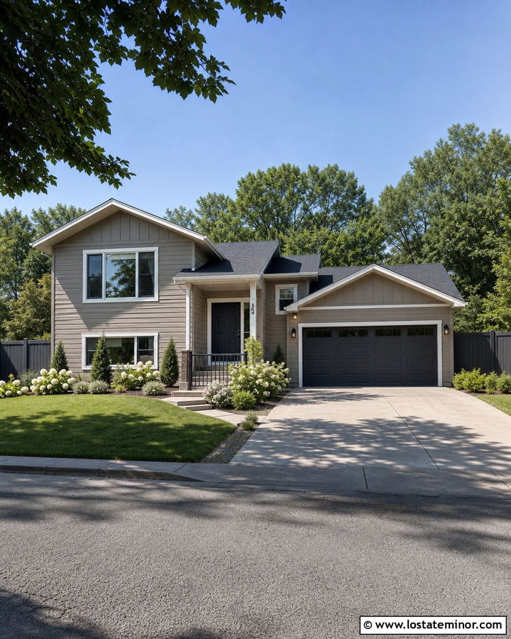 Greige House With Charcoal Privacy Fence - 30 Greige House Design With Fence Ideas