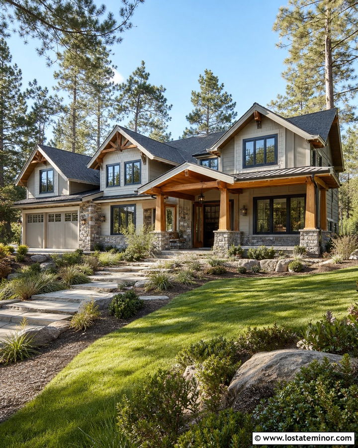 Greige House With Charcoal Roof And Cedar Accents - 30 Greige House Design With Roof Ideas