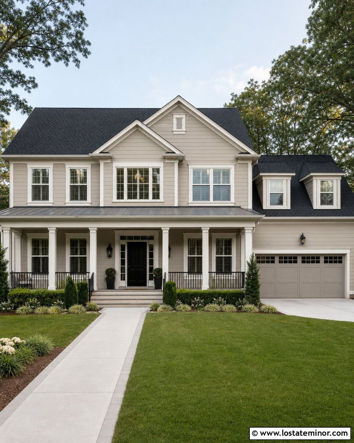 Greige House With Charcoal Roof And White Columns - 30 Greige House Design With Accents Ideas