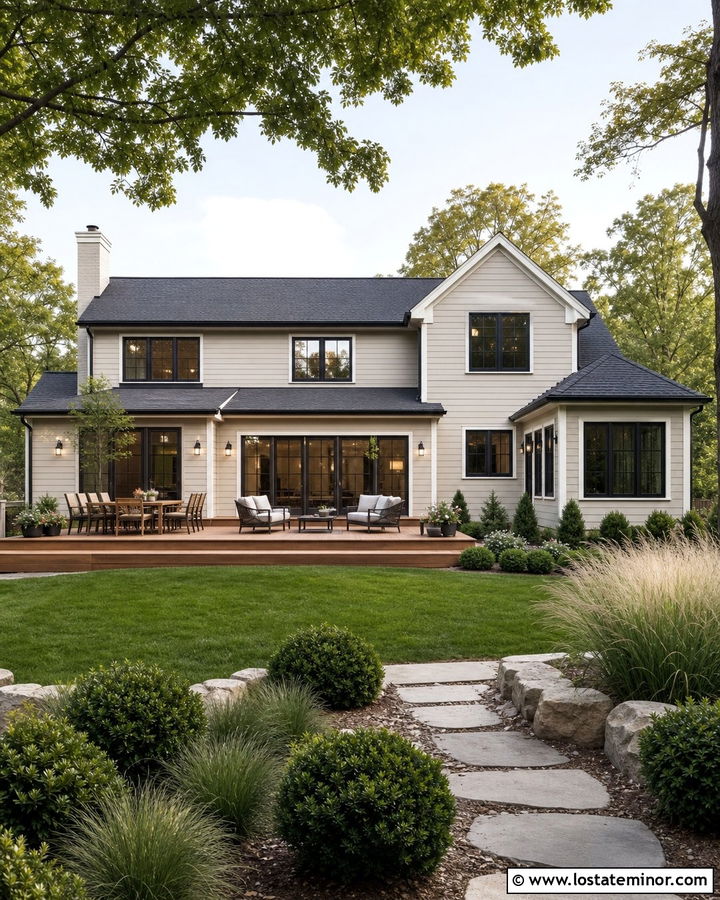 Greige House With Charcoal Roof - 30 Greige House Design With Backyard Ideas