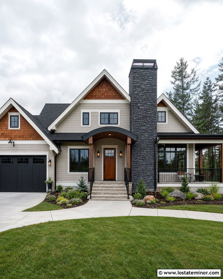 Greige House With Charcoal Stone Chimney - 30 Greige House Design With Chimney Ideas