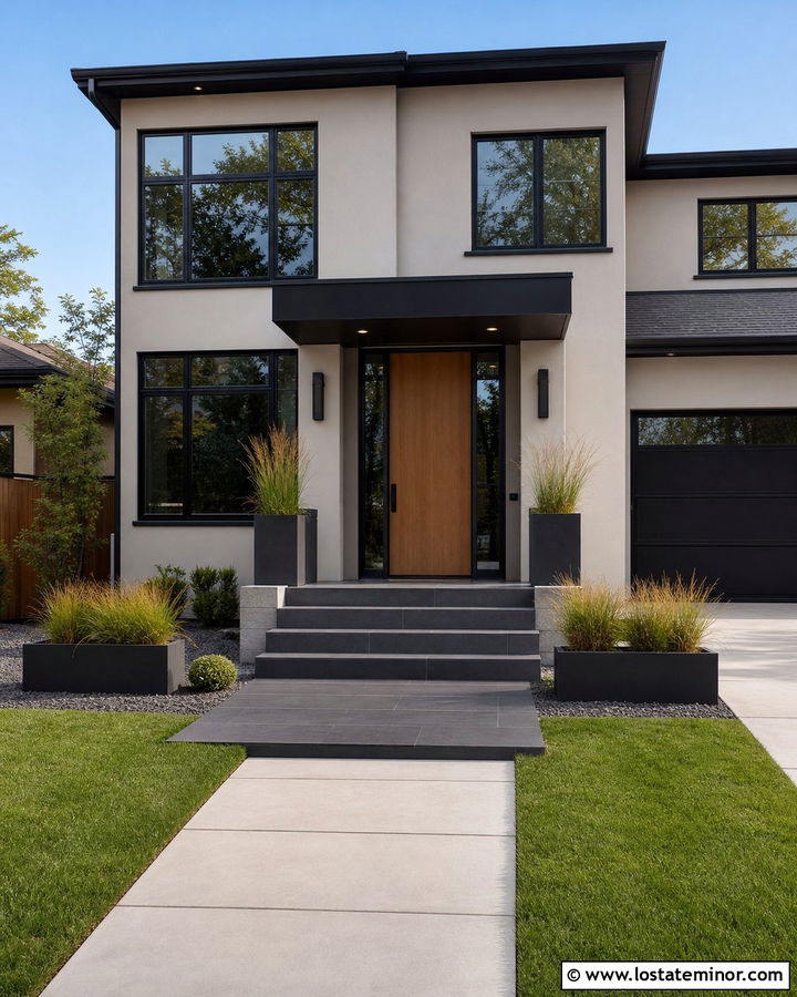 Greige House With Charcoal Tile Steps - 30 Greige House Design With Steps Ideas
